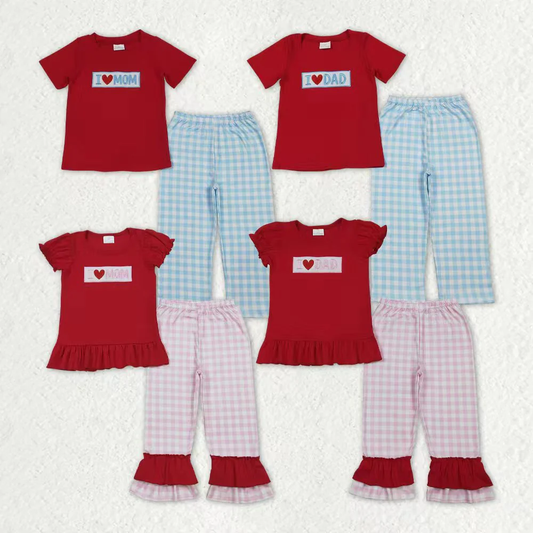 RTS NO MOQ Sibling baby girl boy clothes Embroidered i loe dad mom short-sleeved pants sets
