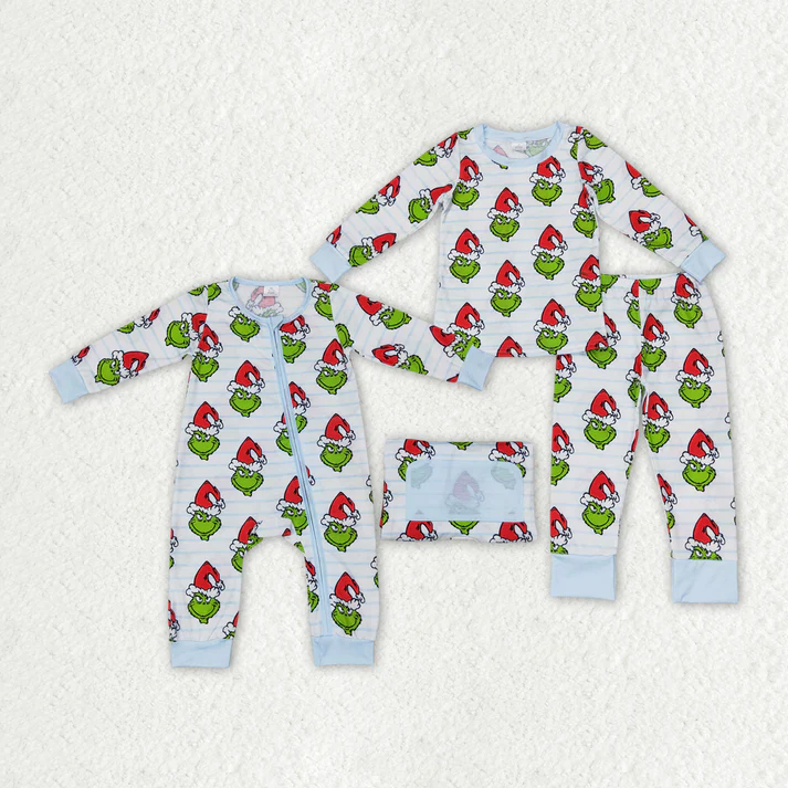 RTS NO MOQ bamboo fabric fabric content is  50% cotton +45%bamboo +5%spandx Baby Boys Green Face Christmas Sibling Sister Bamboo Pajamas Clothes Sets