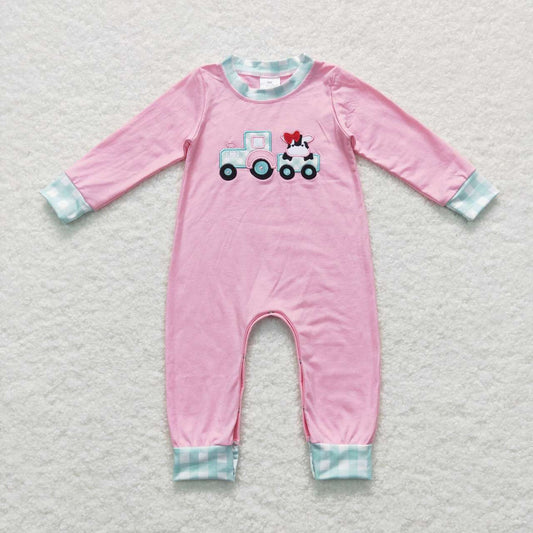 LR0376 Embroidered Cow Tractor Blue Plaid Pink Long Sleeve Jumpsuit