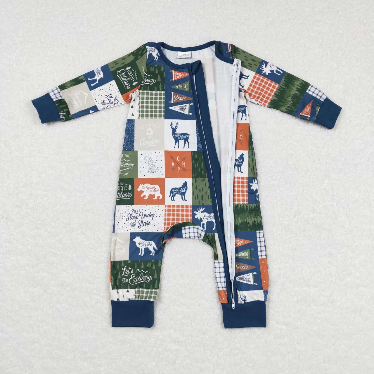 LR0719 go exploring Elk Wolf Colorful Plaid Zip Long Sleeve Jumpsuit