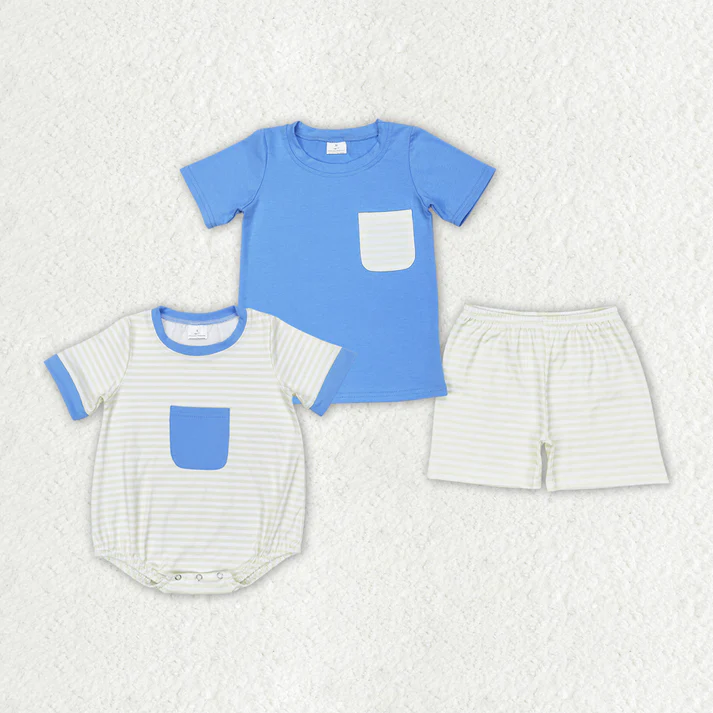 RTS NO MOQ Baby Boys Blue Pocket Sibling Brother Rompers Clothes Sets