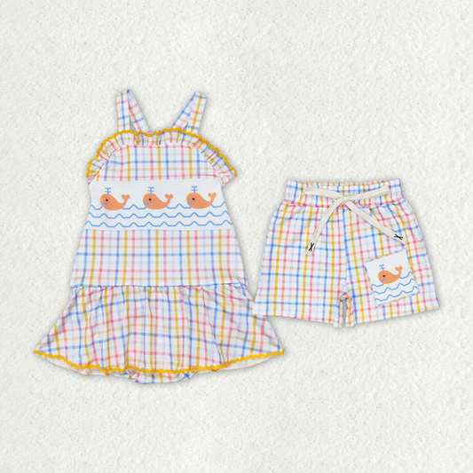 RTS NO MOQ Baby Girls Whales Summer Sibling Boys Trunks Swimsuits