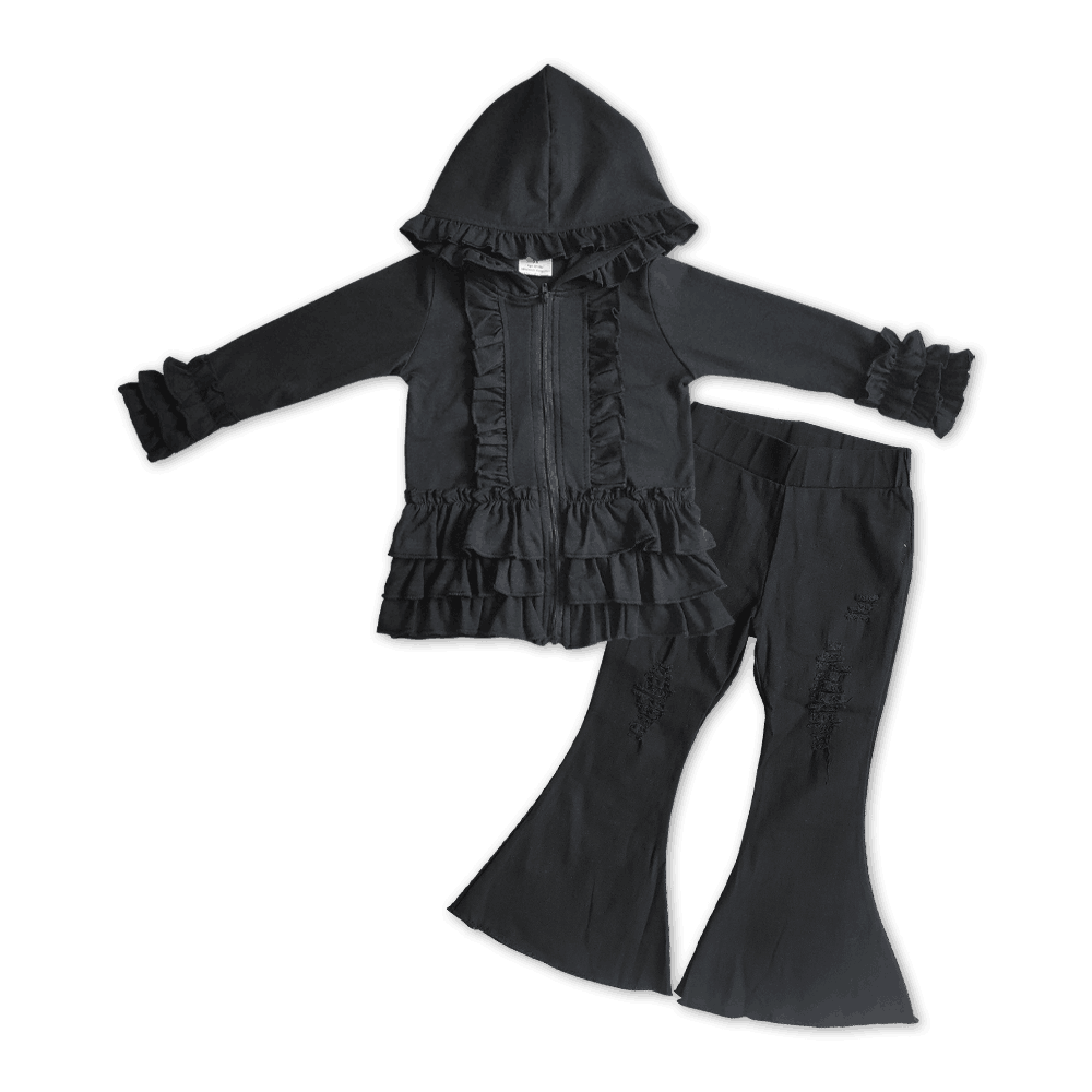 GT0016 Girls black hooded zipper long sleeve jacket+C8-2 black jeans