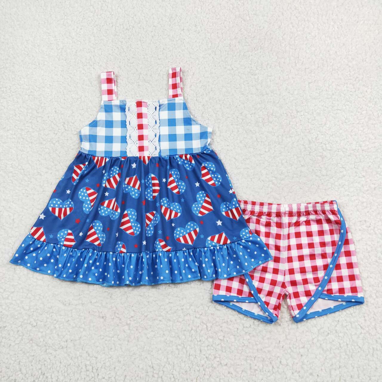 RTS no moq GSSO1294 National Day Love Dot Lace Plaid Sleeveless Shorts