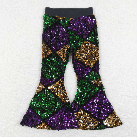 P0359 Purple, yellow and green rhombus plaid sequined trousers