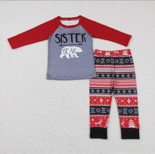 P0342 Snowflake Reindeer Red and Black Pants Suit +GT0390 sister bear polar bear red gray long sleeve top
