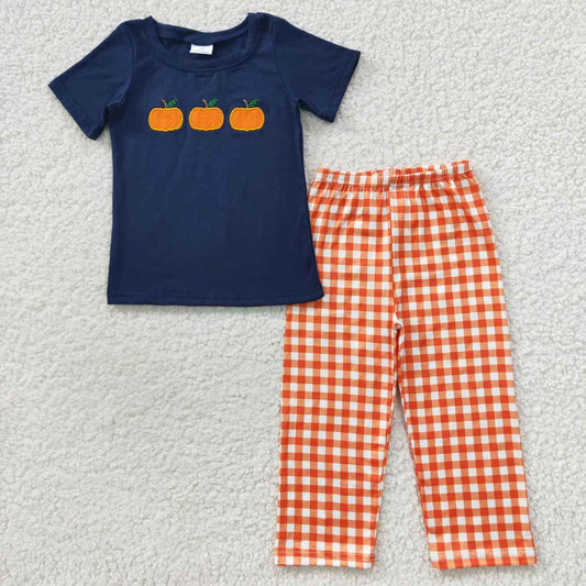 BSPO0145 Embroidered three pumpkins navy blue short-sleeved orange plaid trouser suit