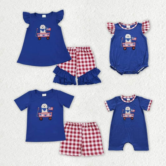 RTSEmbroidery 	 GSSO0460  Embroidery Star Flag Puppy Stroller Blue Flying Sleeves Lace Red and White Plaid Shorts Set