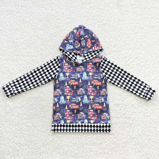 BT0253 cars cartoon car black and white grid blue hooded long-sleeved top