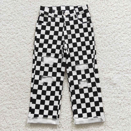 P0122 Black and white plaid ripped denim trousers