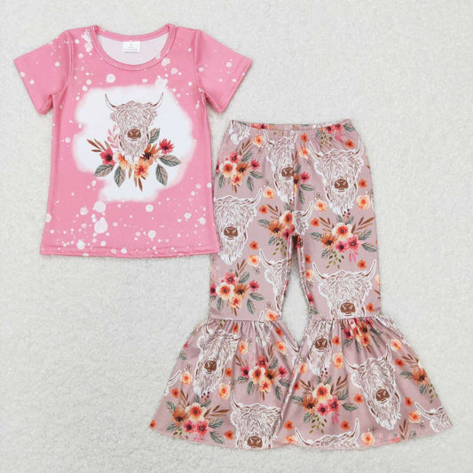 GSPO1079 Flower Alpine Cow Head Pink Short Sleeve Brown Pants Suit