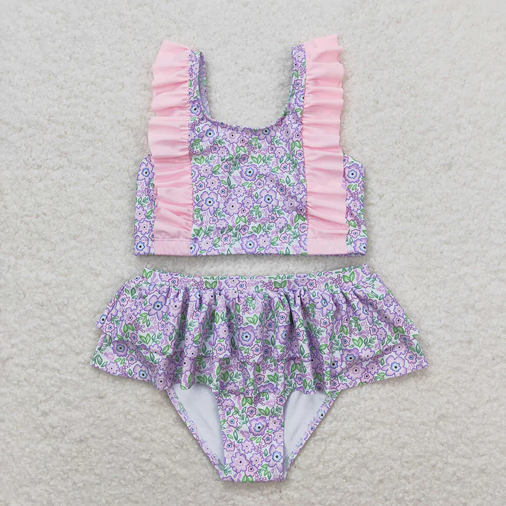 RTS Baby Girls Summer Lavender Flowers Sibling Sister Swimsuits