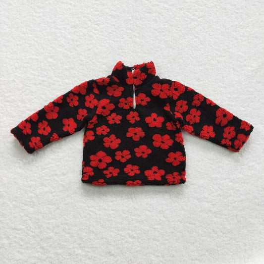 GT0271 Red floral black zipper long sleeve top