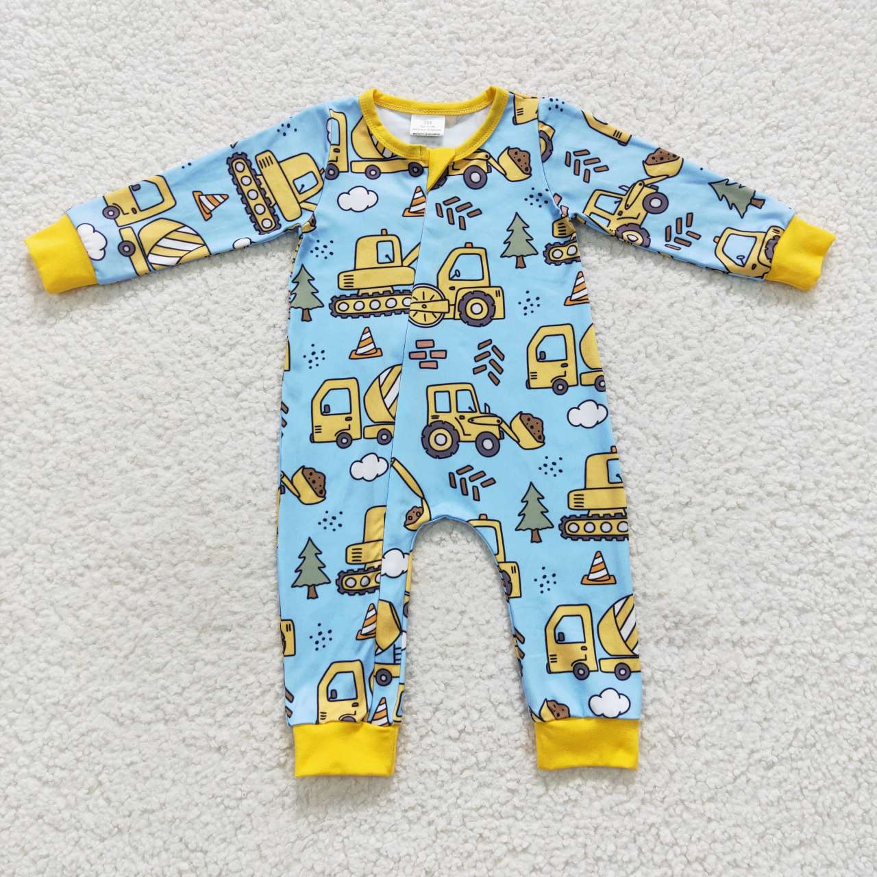 LR0492 Construction Vehicle Excavator Blue Yellow Zipper Long Sleeve Jumpsuit