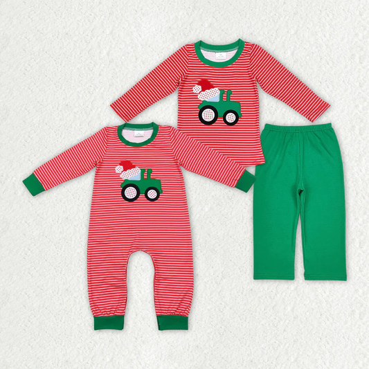 RTS NO MOQ Christmas Tractor Construction Sibling Rompers Clothes Sets Embroidery tractor