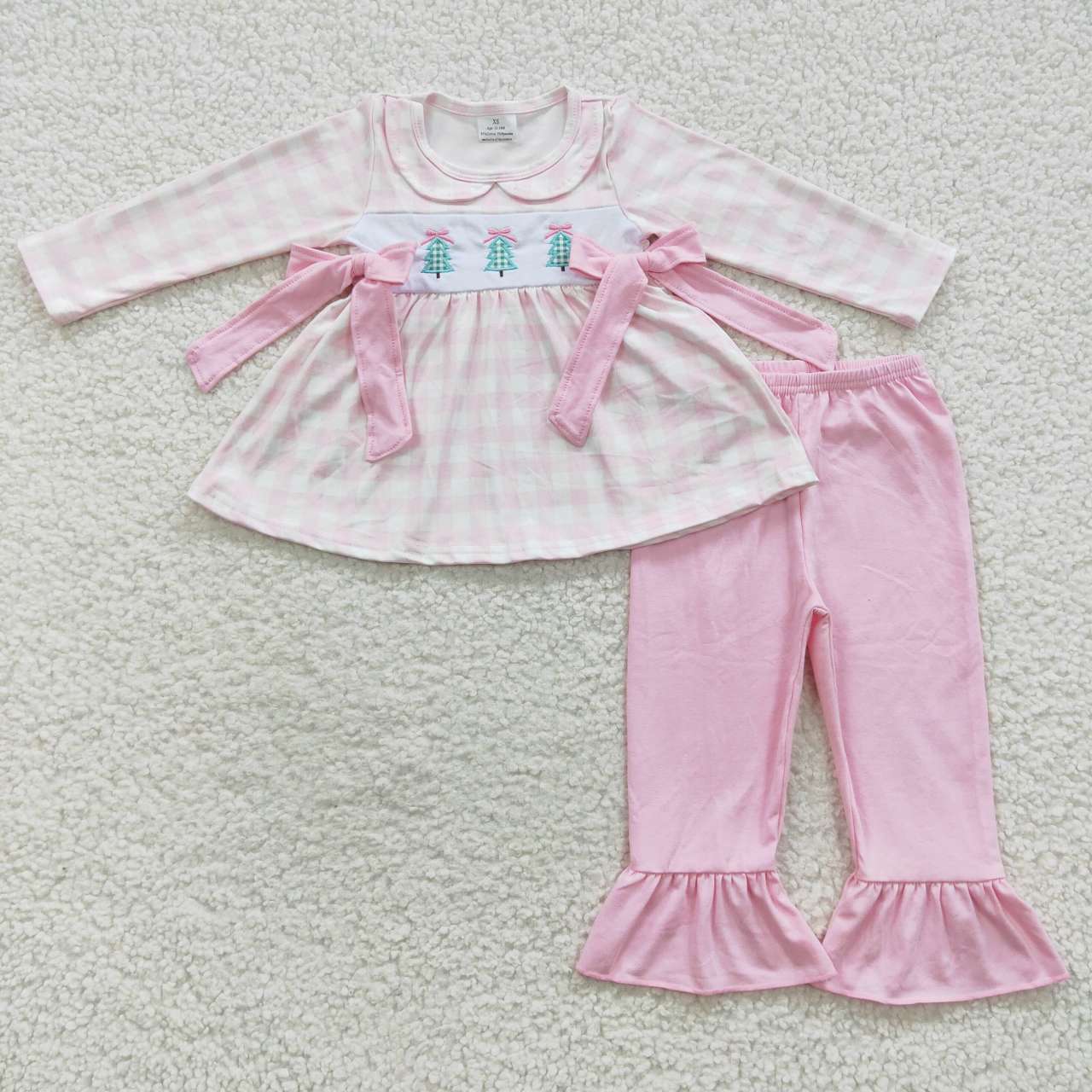 GLP0449 Embroidered Christmas Tree Plaid Pink Bow Long Sleeve Trouser Set