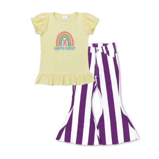 P0331 Purple and white striped denim trousers+GT0392 happy easter embroidered letter bunny rainbow yellow lantern sleeve short sleeve top