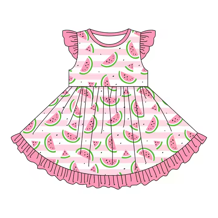 Custom moq 3 eta 7/8week moq 5 eta /4/5week Pink Striped Watermelon Pleated Large Skirt Flying Sleeve Dress