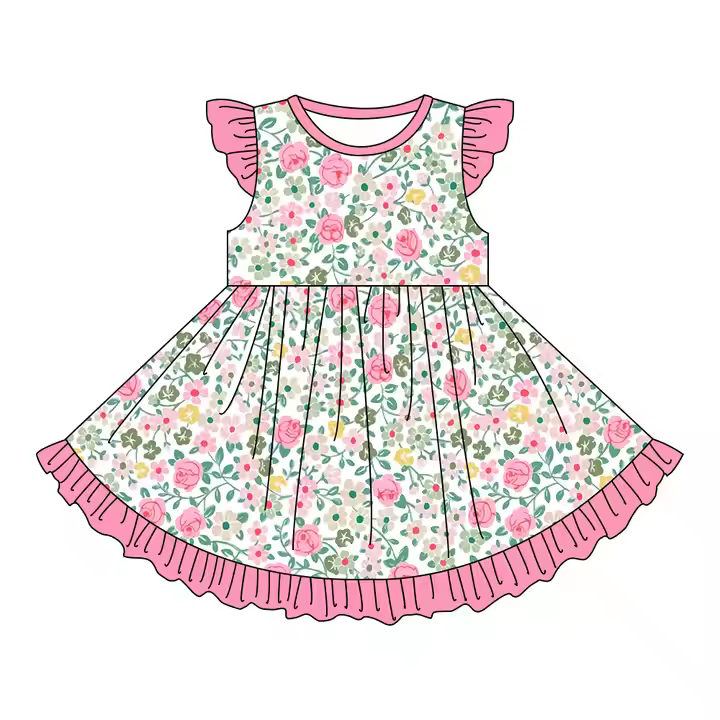 Custom moq 3 eta 7/8week moq 5 eta /4/5week Pink Flower-Green Leaf Pleated Large Skirt Flying Sleeves Dress