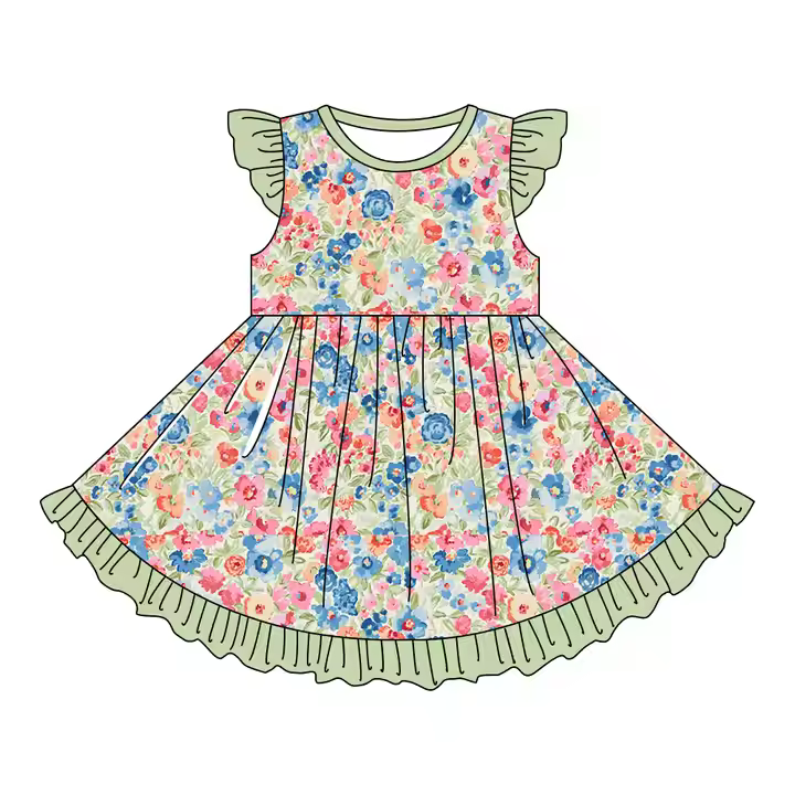 Custom moq 3 eta 7/8week moq 5 eta /4/5week Blue and pink flowers-grass green leaves pleated large skirt flying sleeve dress