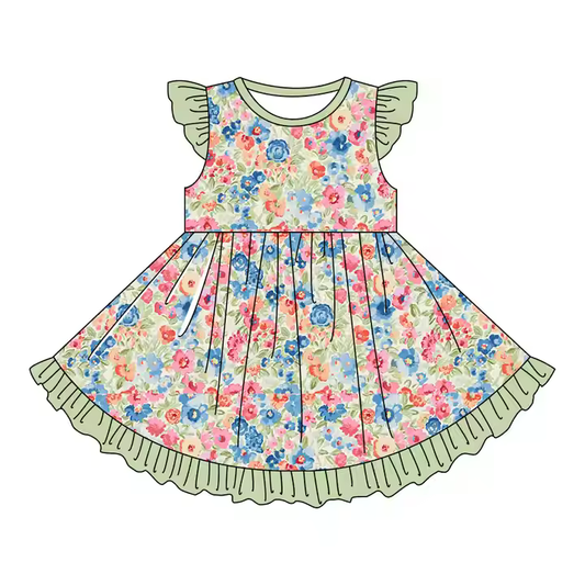 Custom moq 3 eta 7/8week moq 5 eta /4/5week Blue and pink flowers-grass green leaves pleated large skirt flying sleeve dress