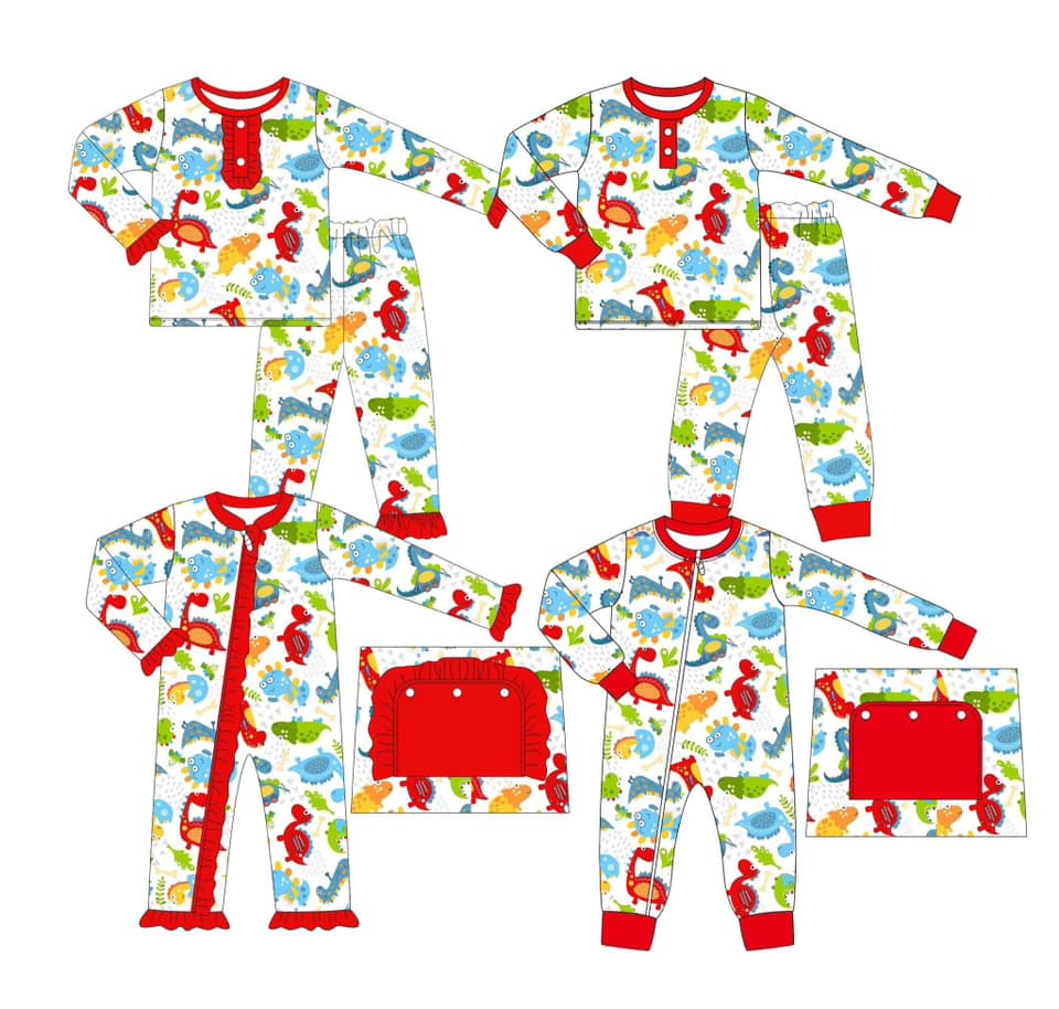 Custom moq 3 MIX SIZE  eta 7/8week moq 5 eta /4/5week Dinosaur pattern red boy and girl mixed suit