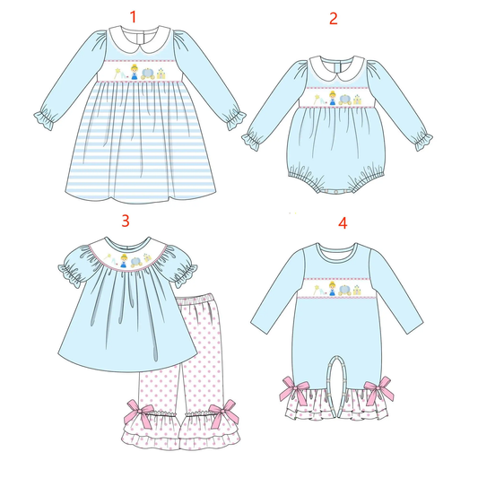 Custom moq 3 MIX SIZE eta 7/8week moq 5 eta /4/5weekPrincess Print Sky Blue Doll Collar Mixed Set