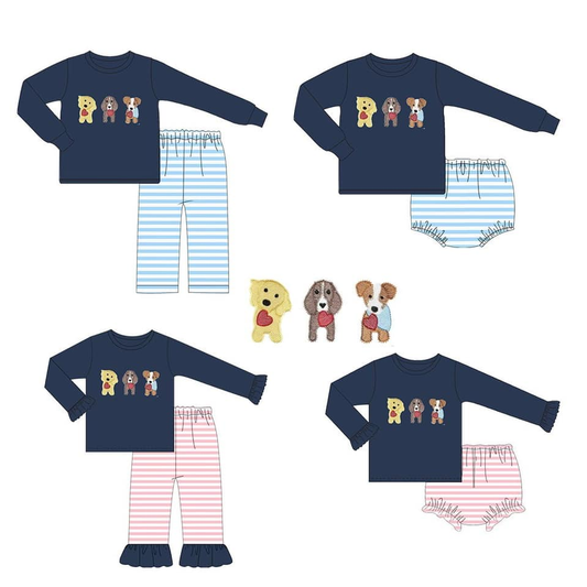 Custom moq 3  MIX SIZE eta 7/8week moq 5 eta /4/5week Blue long-sleeved top with embroidered heart and puppy pattern and striped pants mixed set