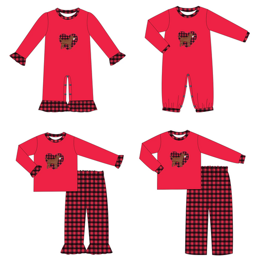 Custom moq 3 MIX SIZE eta 7/8week moq 5 eta /4/5week Embroidered love puppy pattern boy and girl red mixed suit