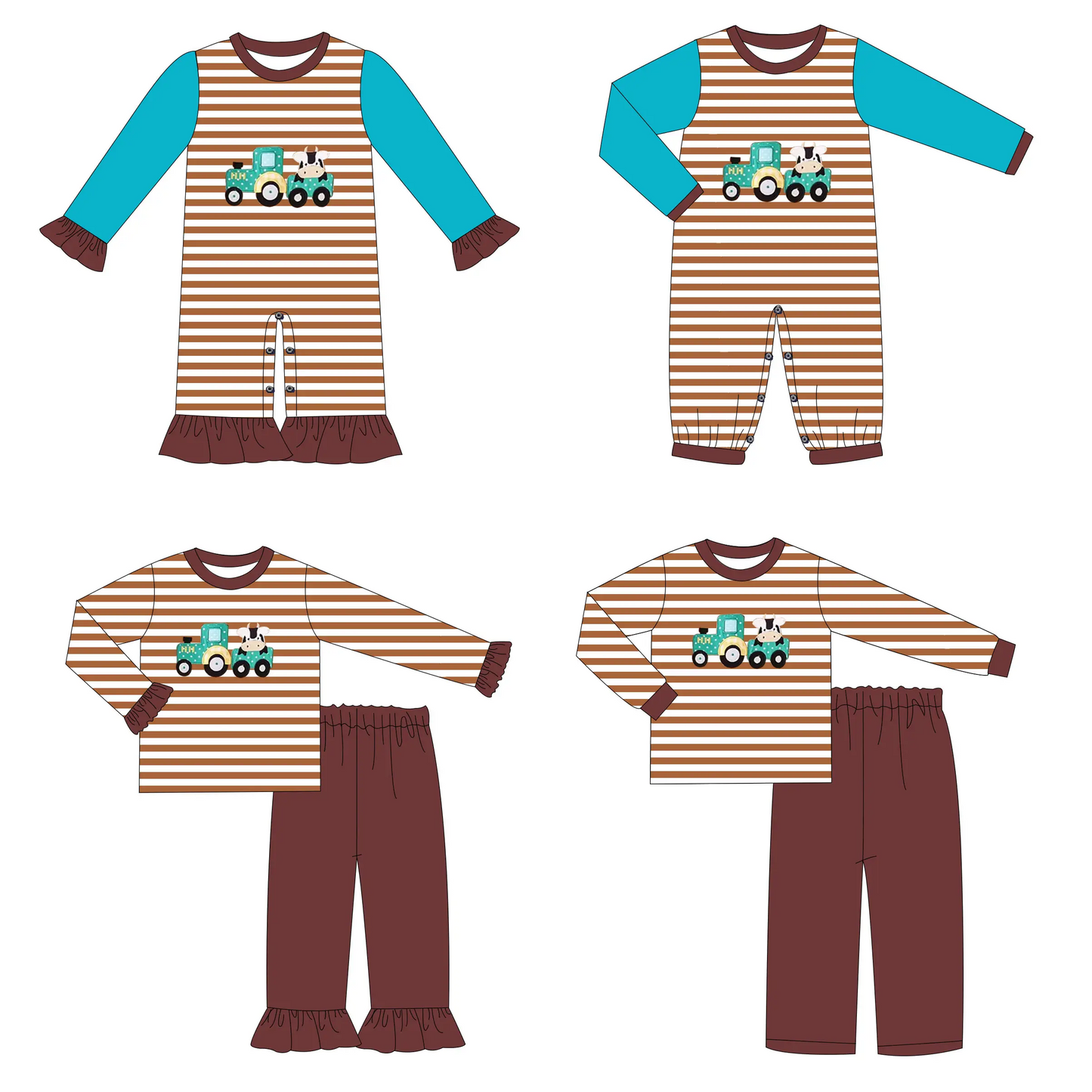 Custom moq 3 MIX SIZE eta 7/8week moq 5 eta /4/5week Embroidered Truck Cow Pattern Boys Girls Brown Striped Mixed Set