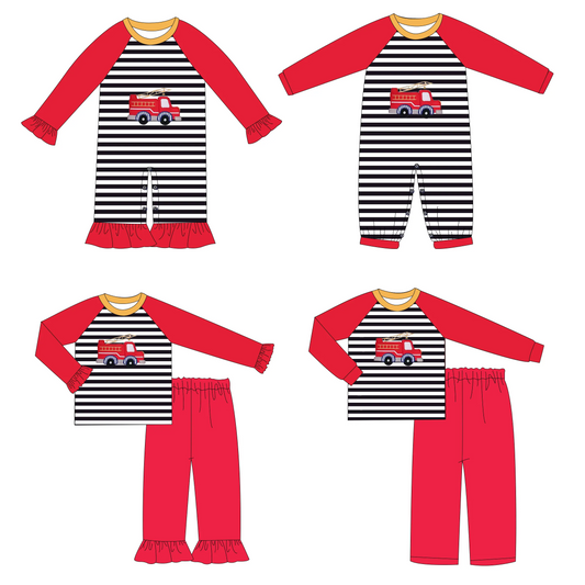 Custom moq 3 MIX SIZE eta 7/8week moq 5 eta /4/5week Embroidered Fire Truck Boys Girls Black White Striped Red Mixed Outfit