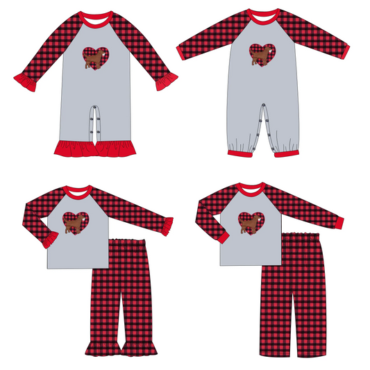 Custom moq 3 MIX SIZE eta 7/8week moq 5 eta /4/5week Embroidered love puppy pattern boy and girl red black plaid gray mixed suit