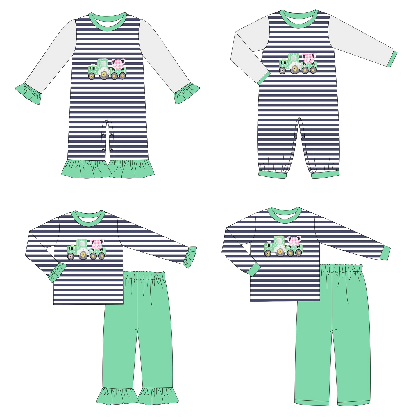 Custom moq 3 MIX SIZE eta 7/8week moq 5 eta /4/5week Embroidered Truck Pattern Boys Girls Black White Striped Green Mixed Set