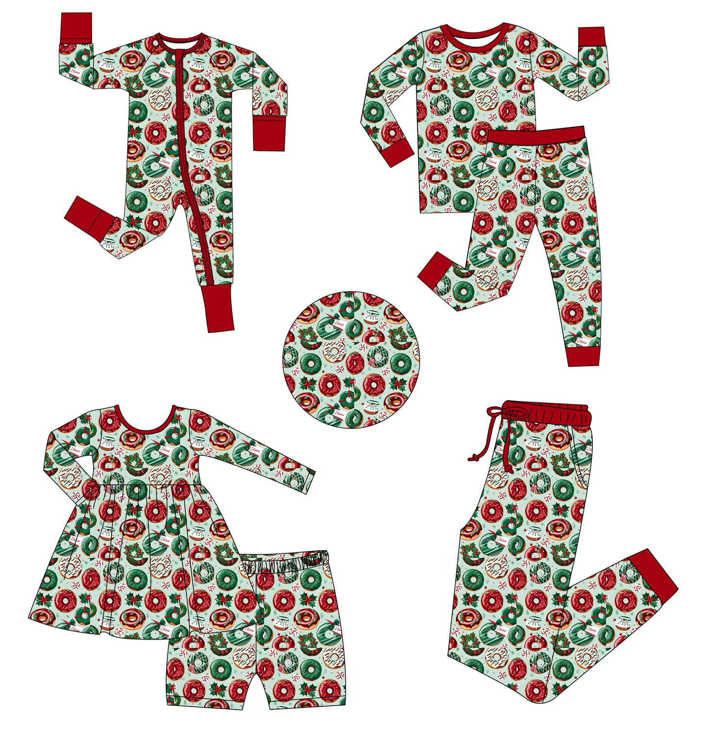 Custom moq 3 MIX SIZE eta 7/8week moq 5 eta /4/5week Red and green donut pattern long mixed suit