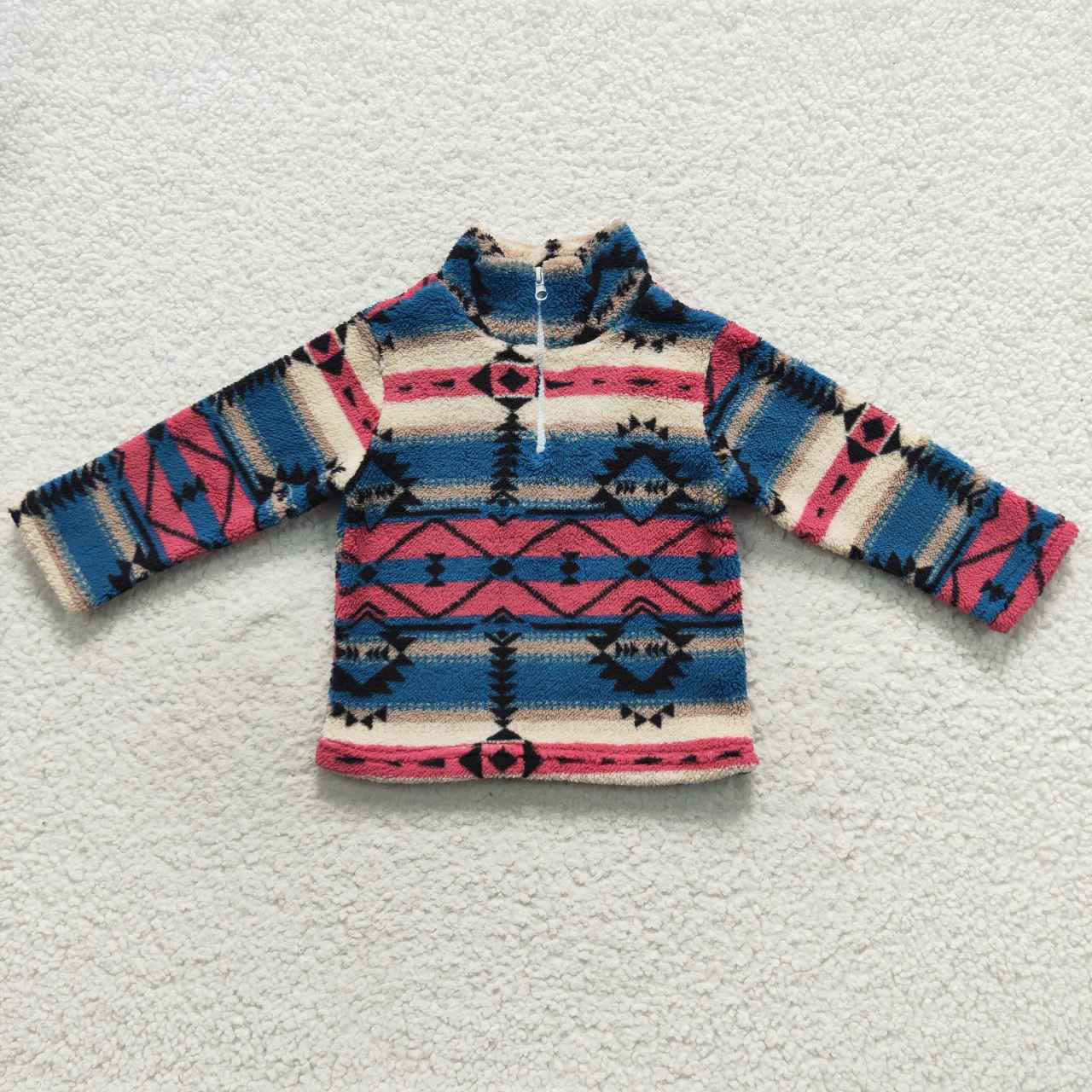 BT0353 aztec geometric blue pink beige zip up fleece jacket long sleeve top