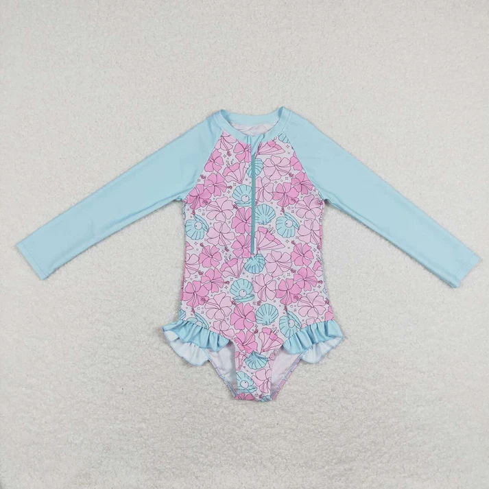 RTS NO MOQ Baby Girls Summer Long Sleeve Flowers One Pieces Swimsuits