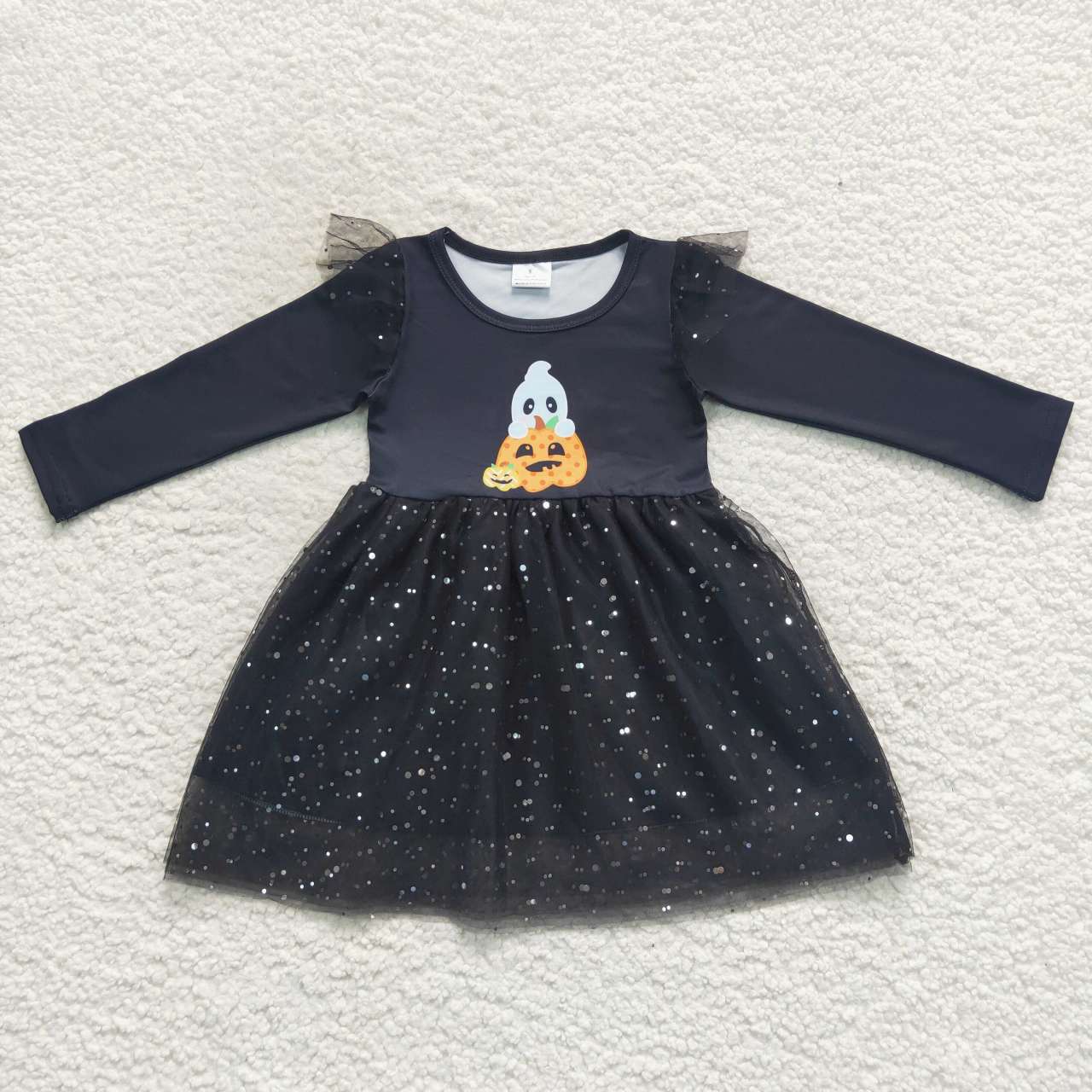 GLD0224 Smiley Pumpkin Ghost Sequin Black Tulle Long Sleeve Dress