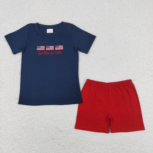 RTS	BSSO0713god bless embroidered national flag navy blue short sleeve red shorts suit