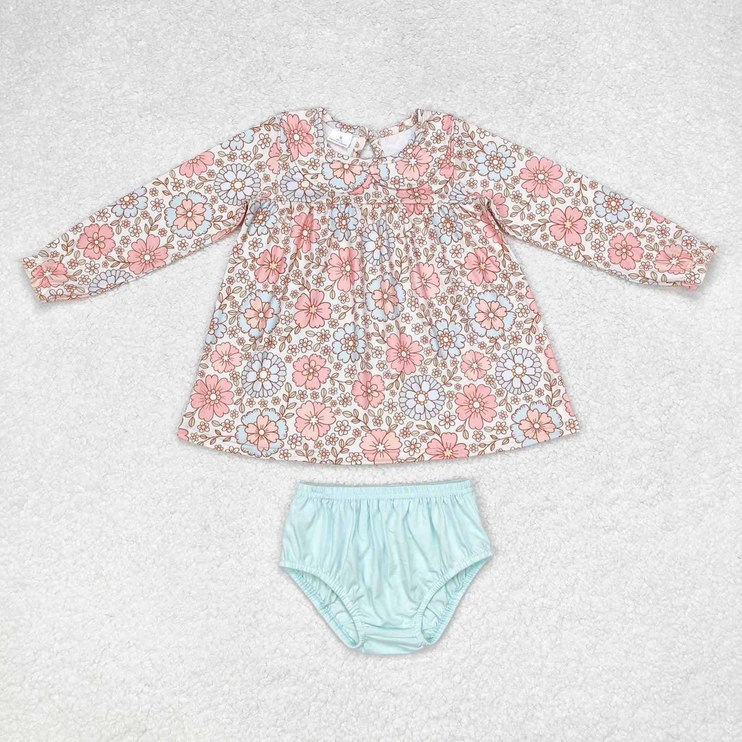 RTS no moq GBO0397 Flower baby collar beige long-sleeved blue and green briefs set