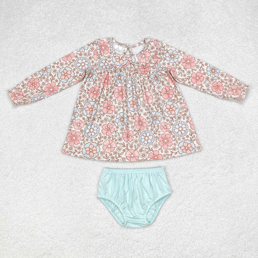 RTS no moq GBO0397 Flower baby collar beige long-sleeved blue and green briefs set