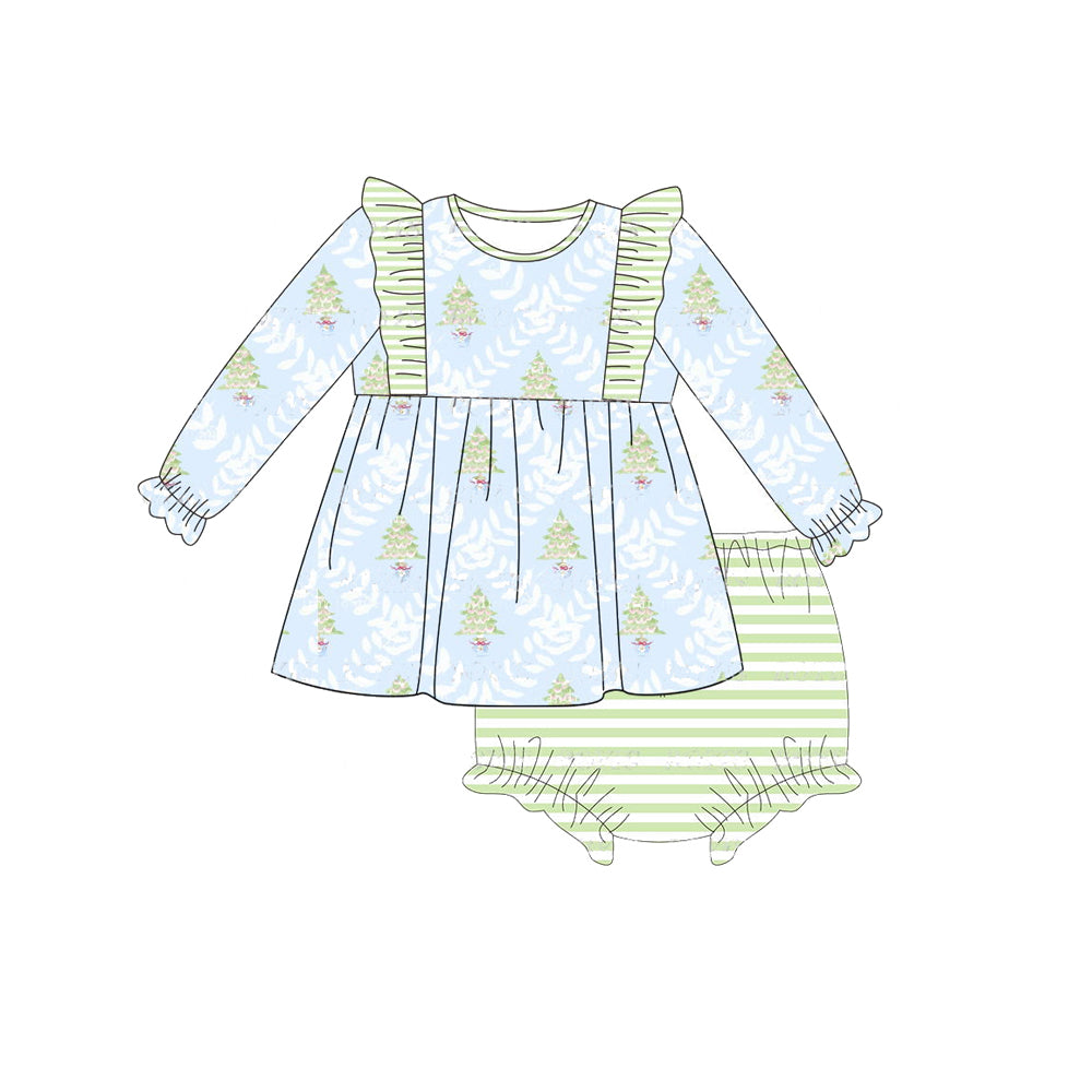 no moq GBO0420 pre-order baby girl clothes Christmas trees light blue long sleeve light green briefs suit-2024.7.19