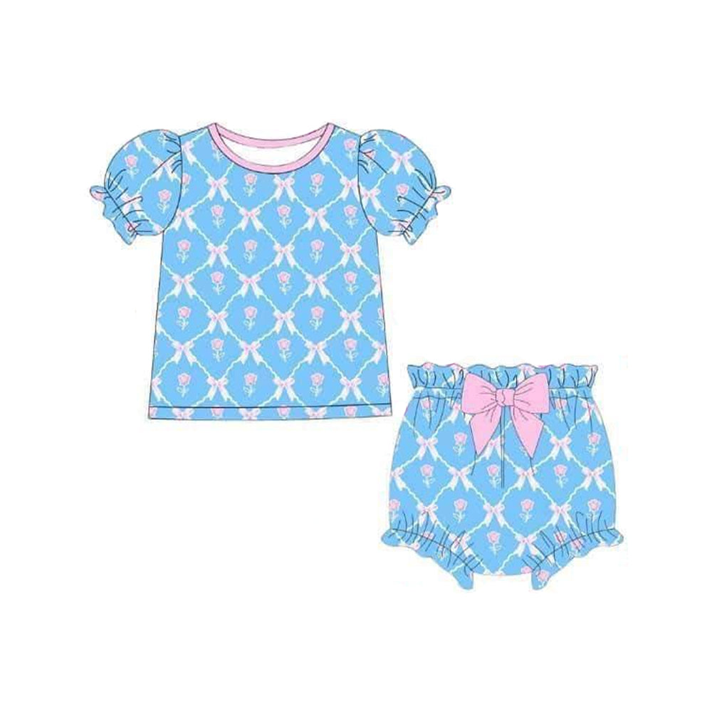 no moq GBO0461 pre-order baby girl clothes bow blue short sleeve briefs suit-2024.12.31