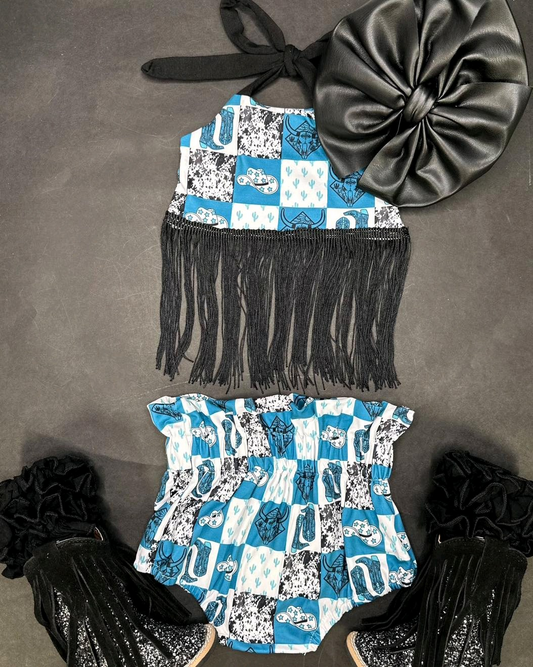 no moq GBO0462 pre-order baby girl clothes boots hats tassel blue suspender briefs suit-2025.1.8