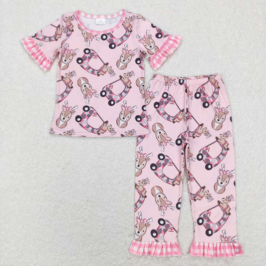 GSPO1100 Deer camouflage car pink and white plaid lace pink short-sleeved trousers suit