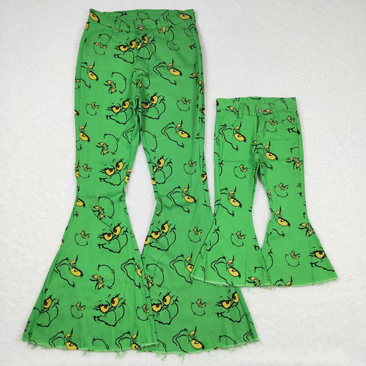 RTS NO MOQ Mommy and Me Adult Baby Girls Christmas Green Frog Face Denim Bell Pants Jeans