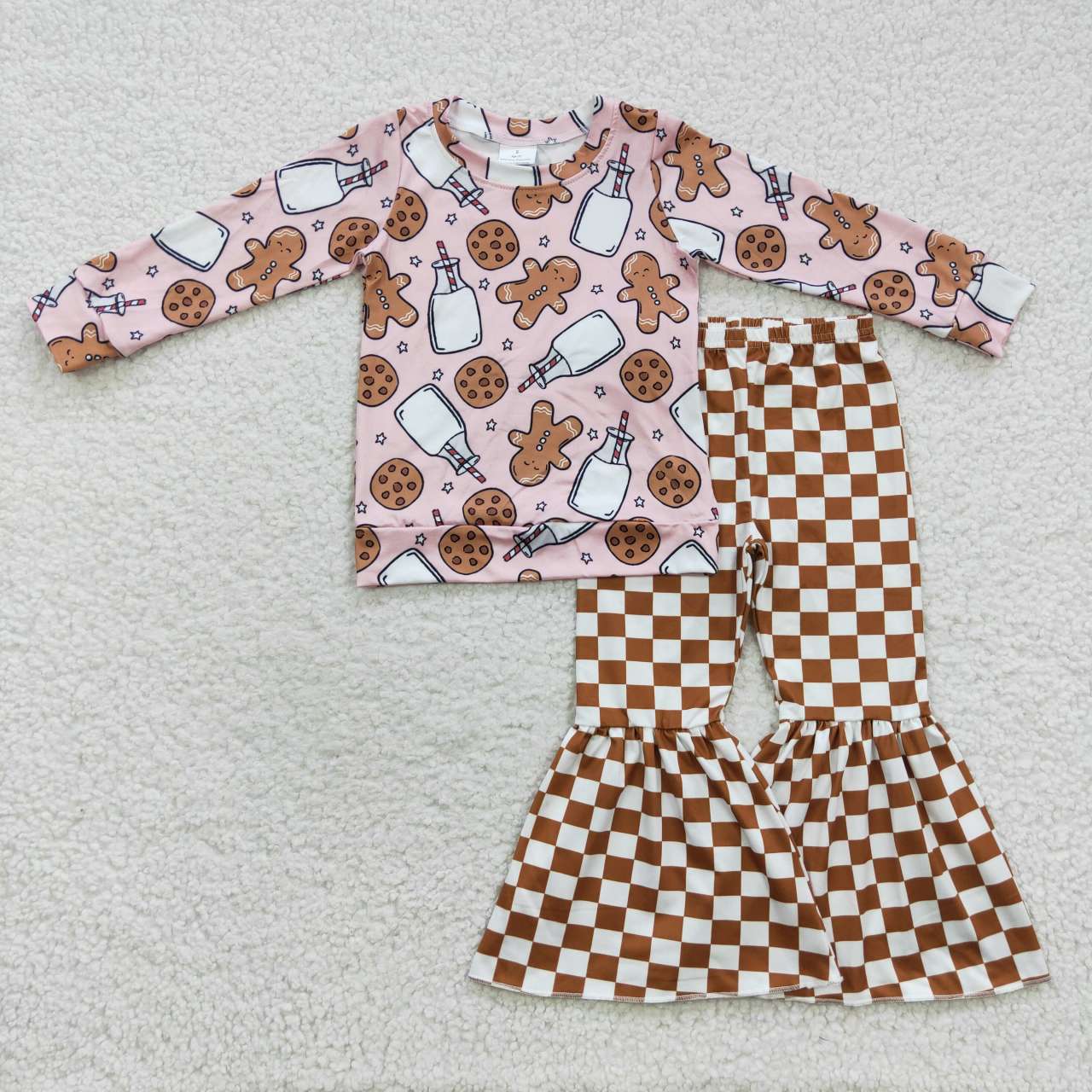 GT0220 Gingerbread Man Milk Cookie Pink Long Sleeve Top+P0204 White Brown Plaid Milk Silk Trousers