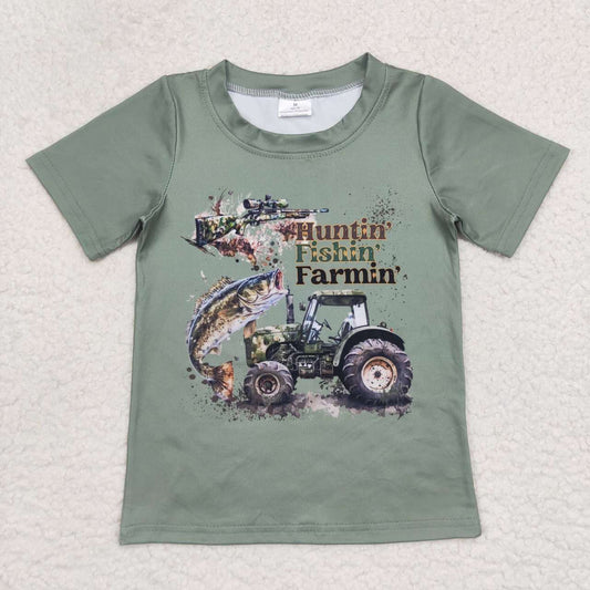 BT0344 huntin' fishin' farmin' letter green short-sleeved top