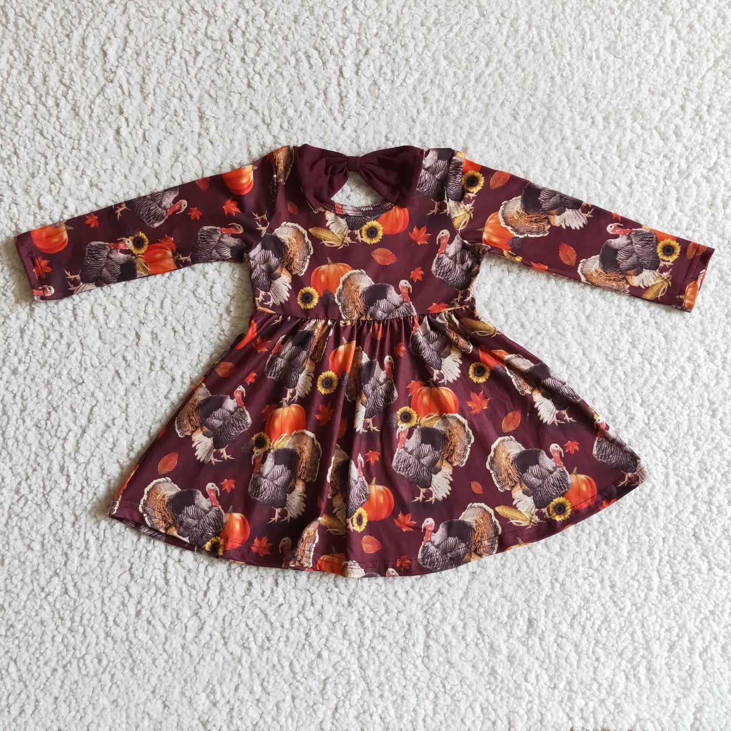 rts no moq GLD0053 girls thanksgiving dress Turkey print long sleeve dress