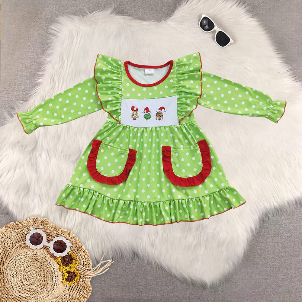 RTS NO MOQ Sibling Baby girls clothes Embroidery Christmas cartoon long-sleeved trousers suit & rompers and dress