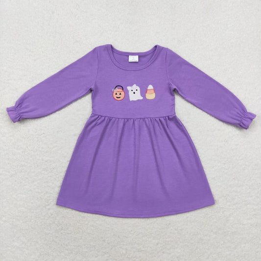 rts no moq GLD0575 Embroidered Smiley Jack-O'-Lantern Ghost Candy Purple Long Sleeve Dress